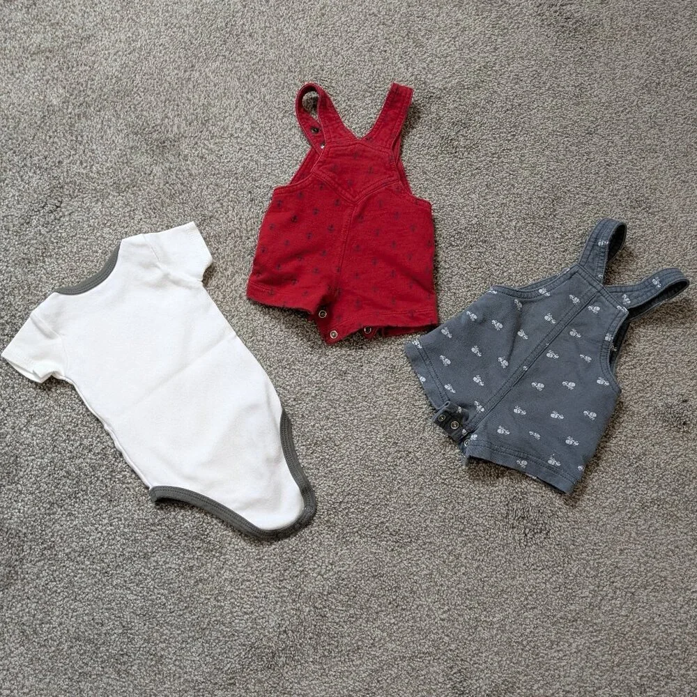 Set of 3 Newborn Baby Boy Onesie & Short-All's; 1 Red, 1 Gray; Size NB